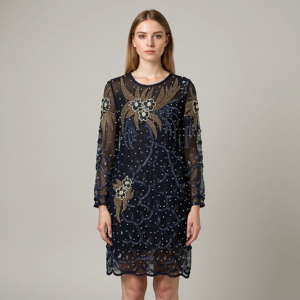 Vintage Janine Black Beaded Silk Sequin Floral Mesh Cocktail Dress Pearl 80's M